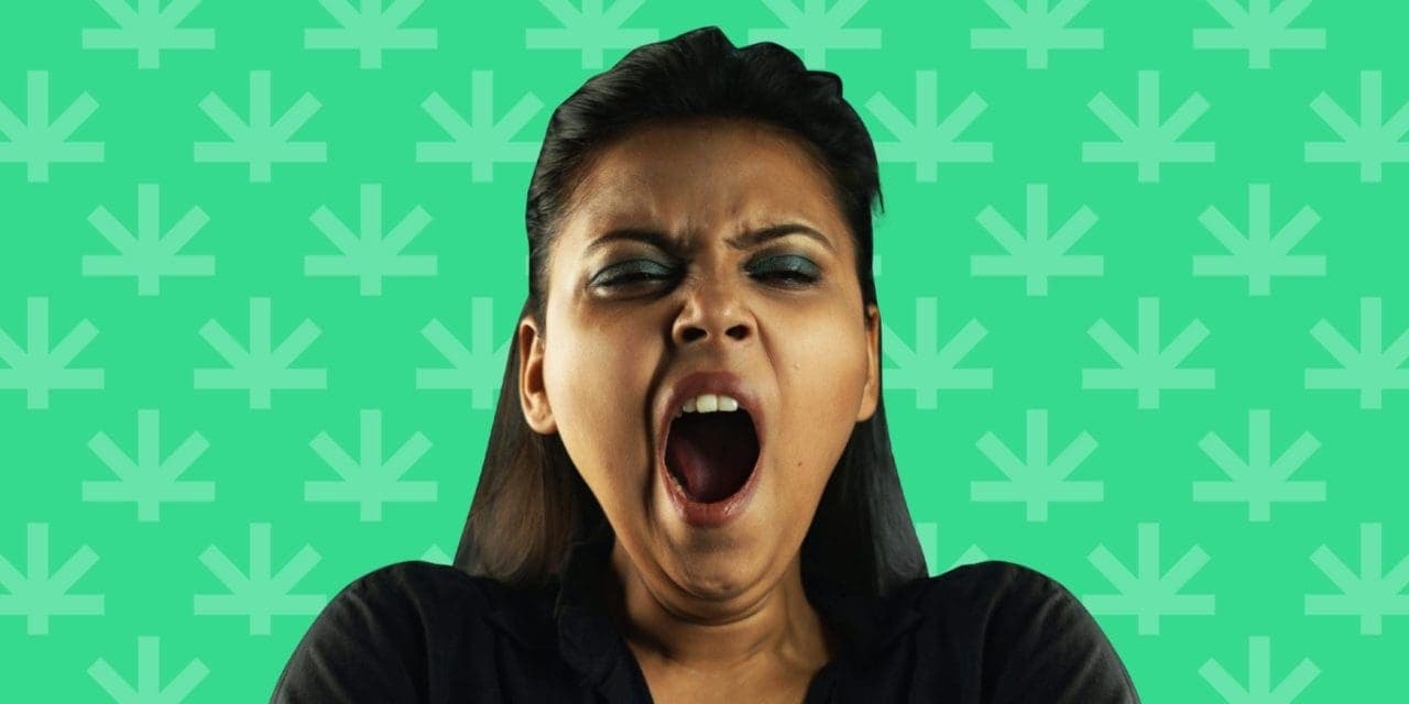 closeup of a woman yawning in a green background with Leafwell's logo